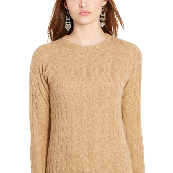 New Camel Melange Classic Cable Cashmere Sweater Polo Ralph Lauren 3