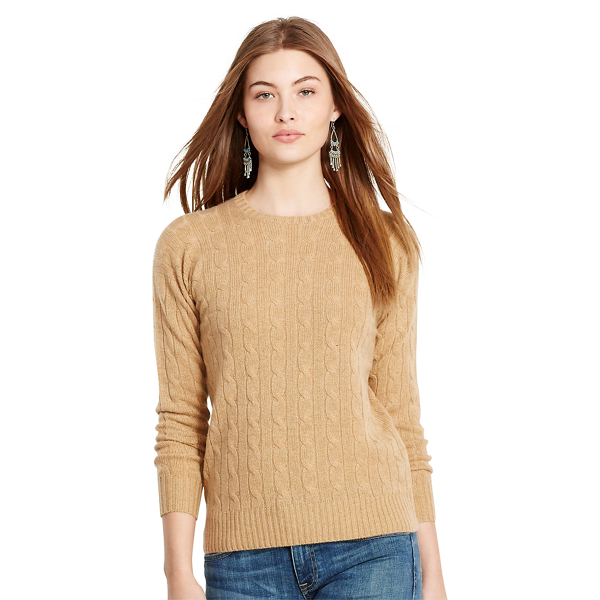 New Camel Melange Classic Cable Cashmere Sweater Polo Ralph Lauren 1