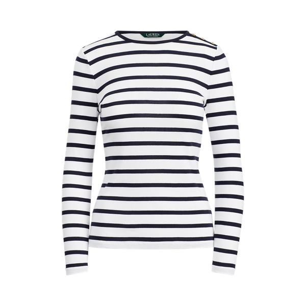 White/Regal Navy Striped Button-Shoulder Top Lauren 2