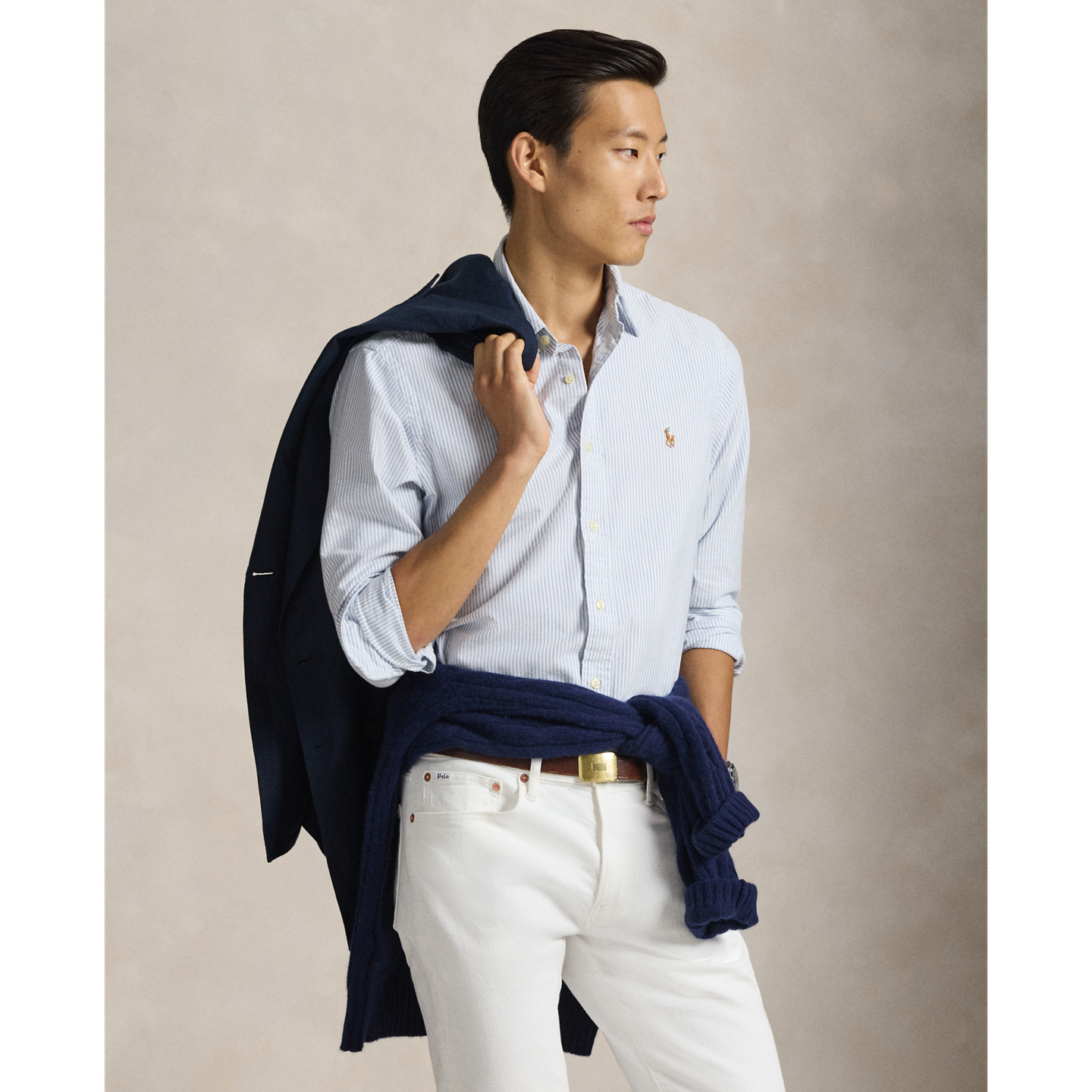 Мужская рубашка Ralph Lauren Striped Oxford Shirt - All Fits, цвет: Синий / Белый — фото 5