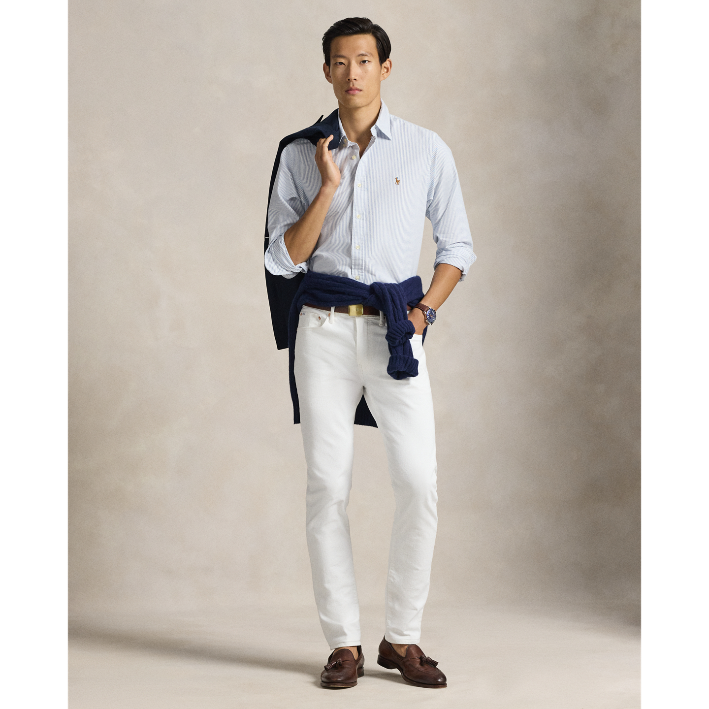 Мужская рубашка Ralph Lauren Striped Oxford Shirt - All Fits, цвет: Синий / Белый — фото 1
