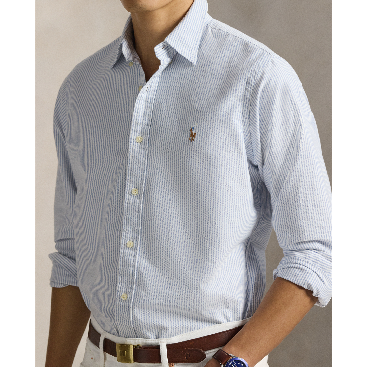 Мужская рубашка Ralph Lauren Striped Oxford Shirt - All Fits, цвет: Синий / Белый — фото 3
