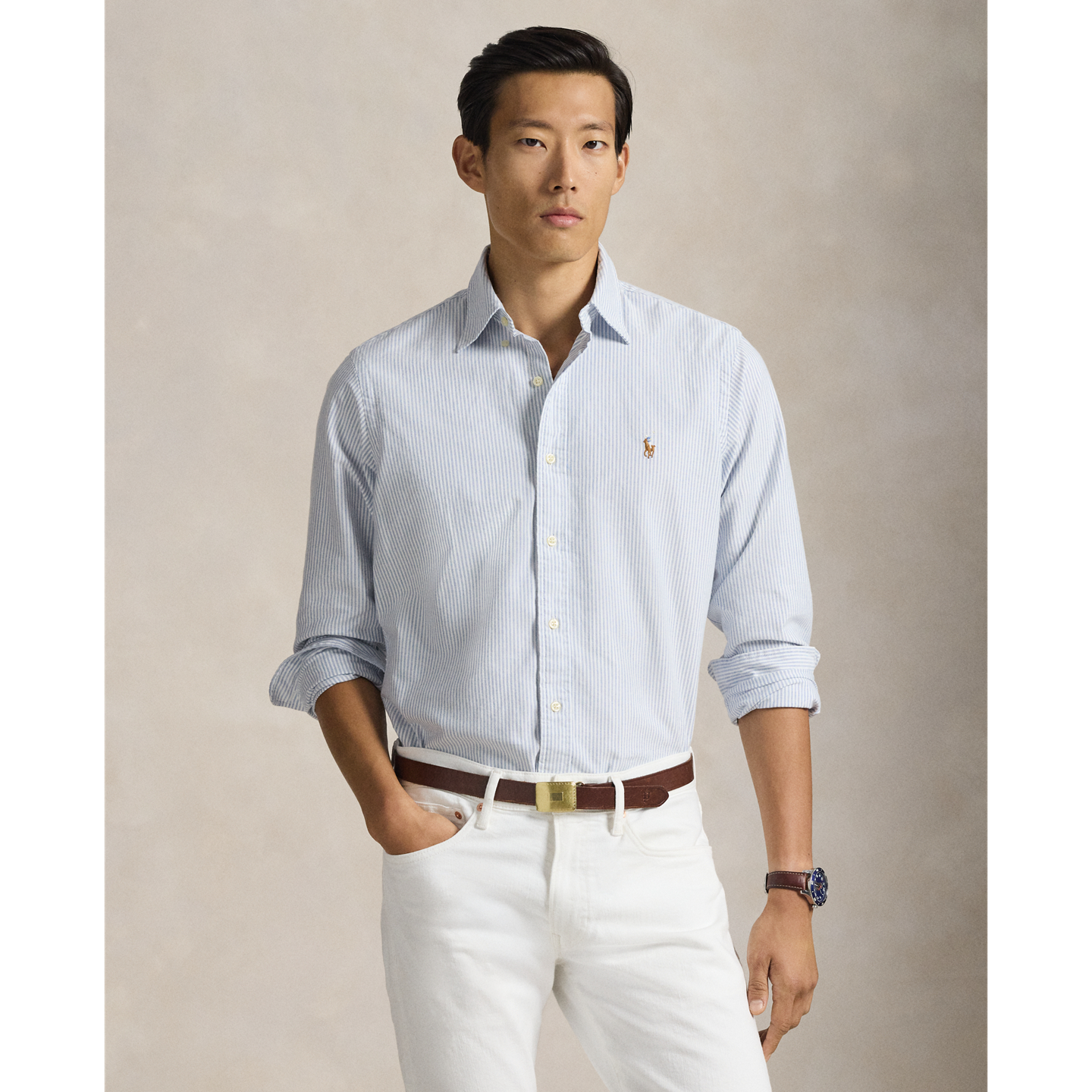 Мужская рубашка Ralph Lauren Striped Oxford Shirt - All Fits, цвет: Синий / Белый — фото 4