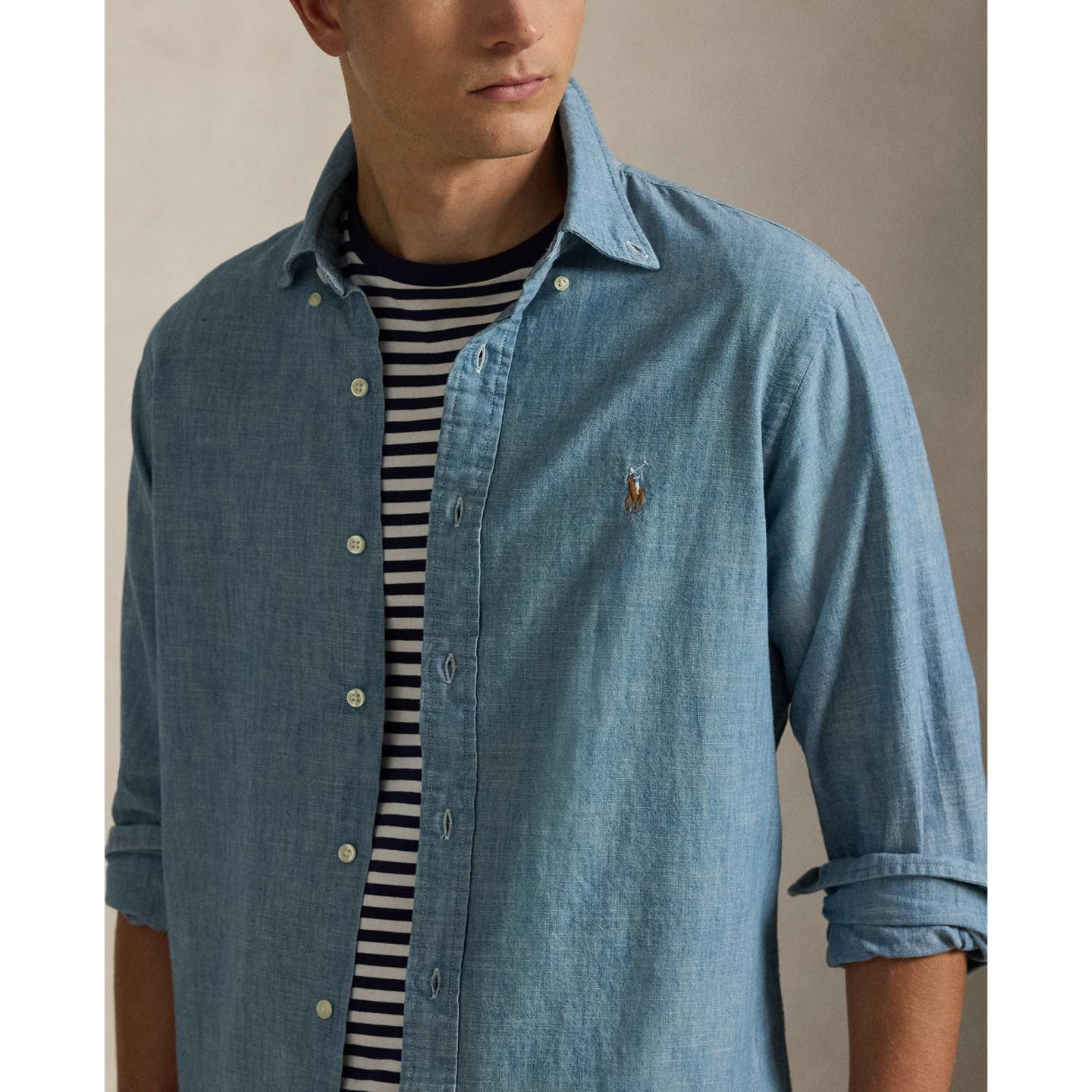 Мужская рубашка Polo Ralph Lauren Classic Fit Indigo Chambray, цвет: Шамбре — фото 3