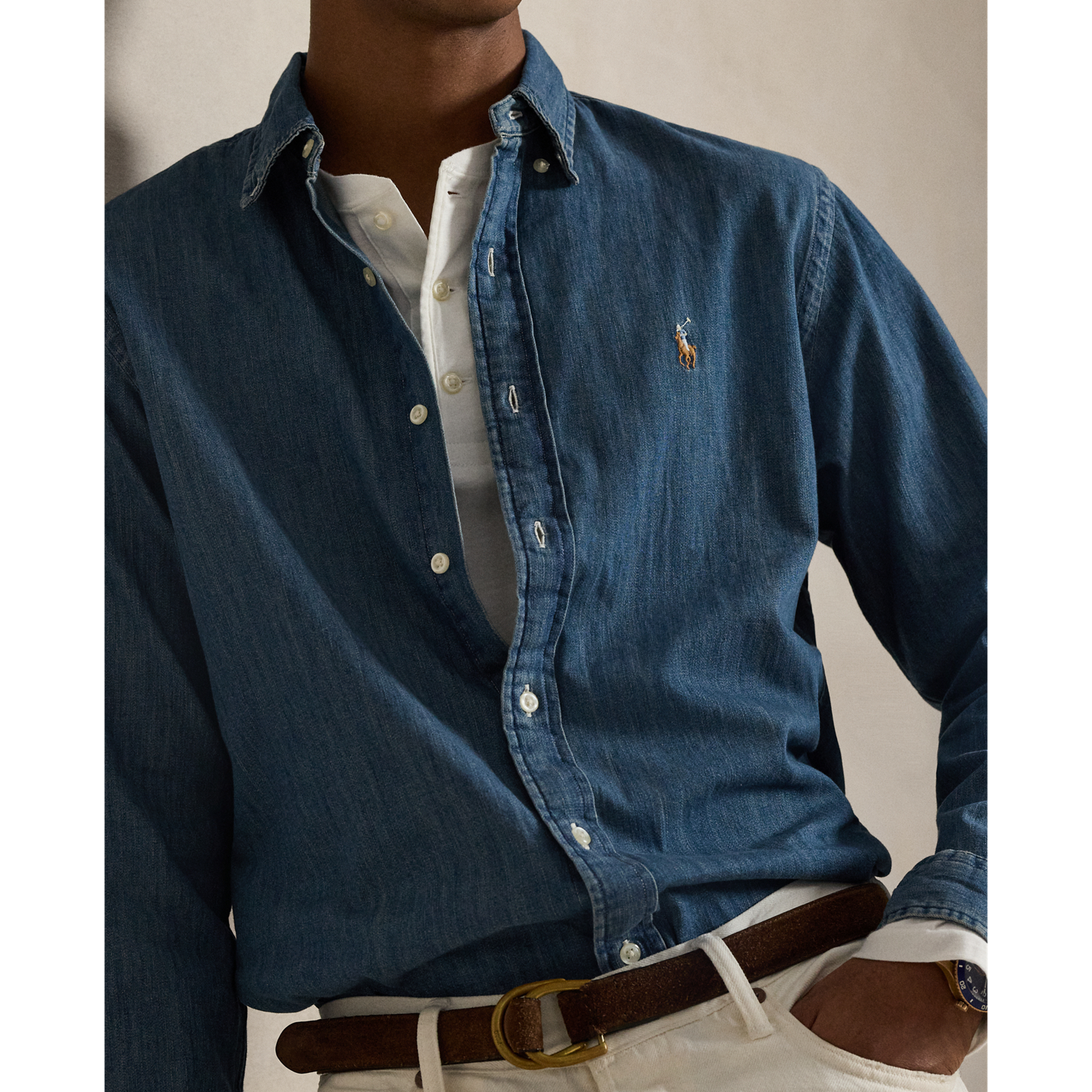 Мужская рубашка Ralph Lauren Classic Fit Denim, цвет: Джинсовый — фото 3