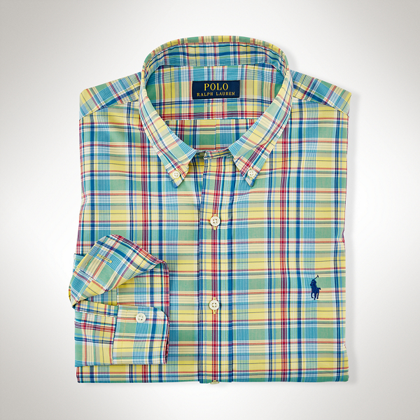 Yellow/Aqua Slim-Fit Plaid Cotton Shirt Polo Ralph Lauren 1