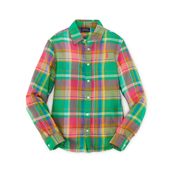 Green/Pink Multi Plaid Cotton Twill Shirt Girls 7-16 2