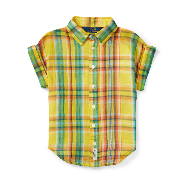 Spring Yellow Plaid Cotton Cap-Sleeve Shirt Girls 2-6x 1