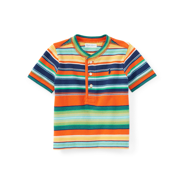 Vibrant Orange Multi Striped Cotton Mesh Henley Baby Boy 1