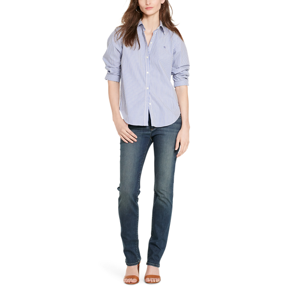 Blue/White Easy Care Striped Cotton Shirt Lauren 2