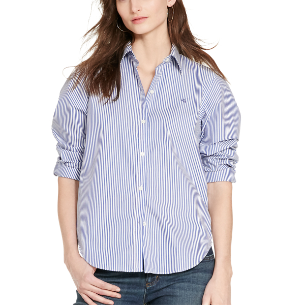 Blue/White Easy Care Striped Cotton Shirt Lauren 3