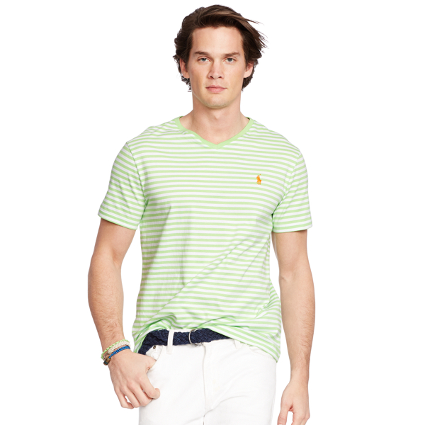 Nantucket Lime/White Striped Cotton V-Neck T-Shirt Polo Ralph Lauren 1