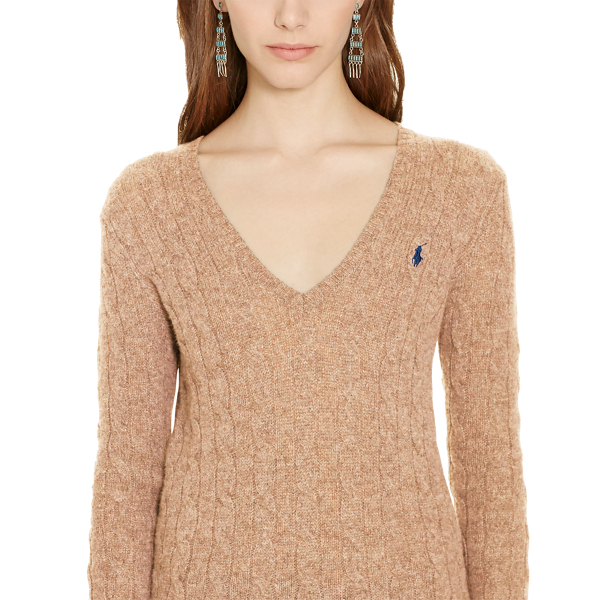 Dark Beige Heather Cable-Knit Wool V-Neck Sweater Polo Ralph Lauren 3