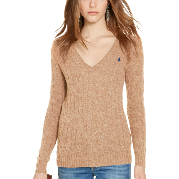 Dark Beige Heather Cable-Knit Wool V-Neck Sweater Polo Ralph Lauren 1