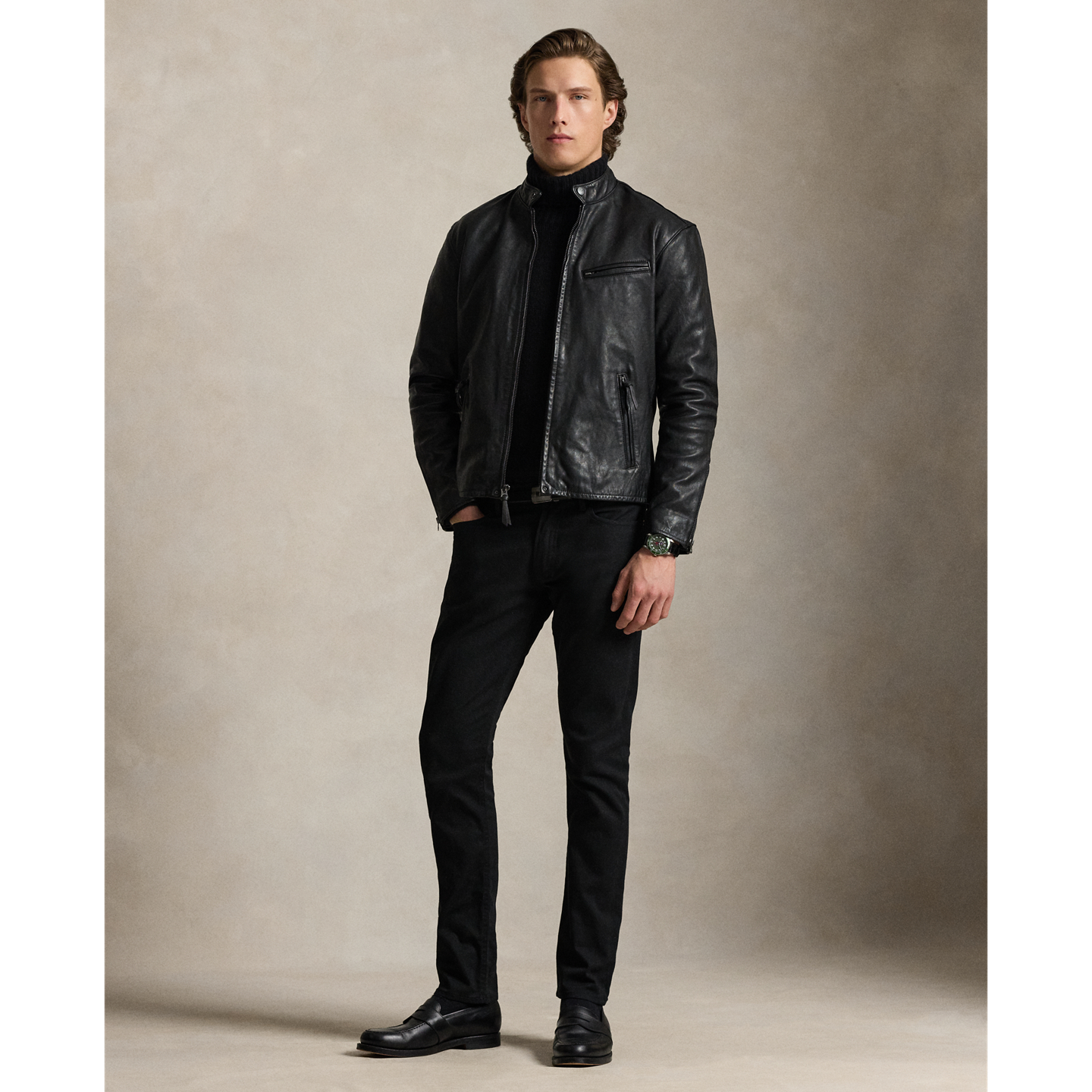 Мужская куртка Polo Ralph Lauren The Brooklands Leather Café Racer, цвет: Чёрный — фото 1
