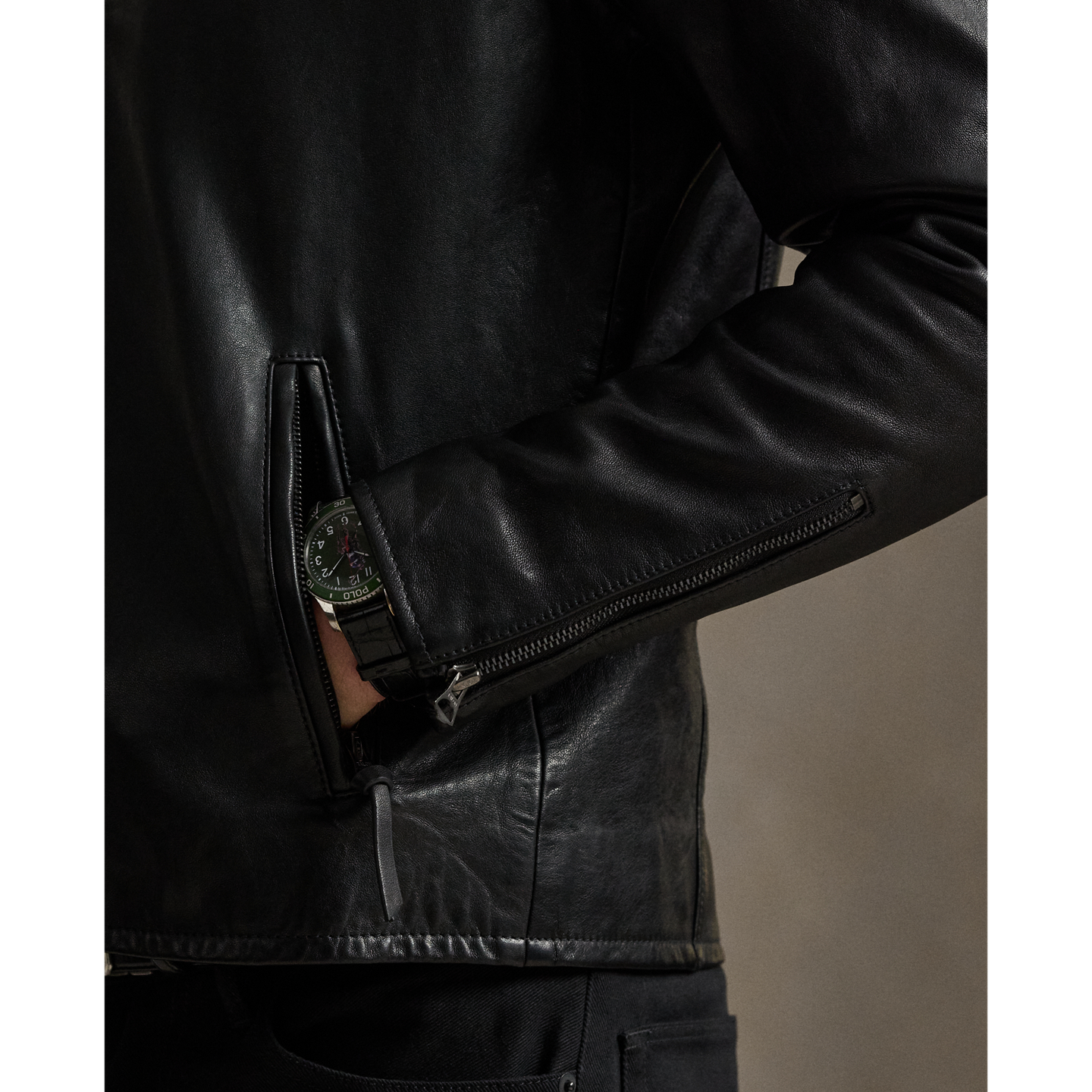 Мужская куртка Polo Ralph Lauren The Brooklands Leather Café Racer, цвет: Чёрный — фото 4