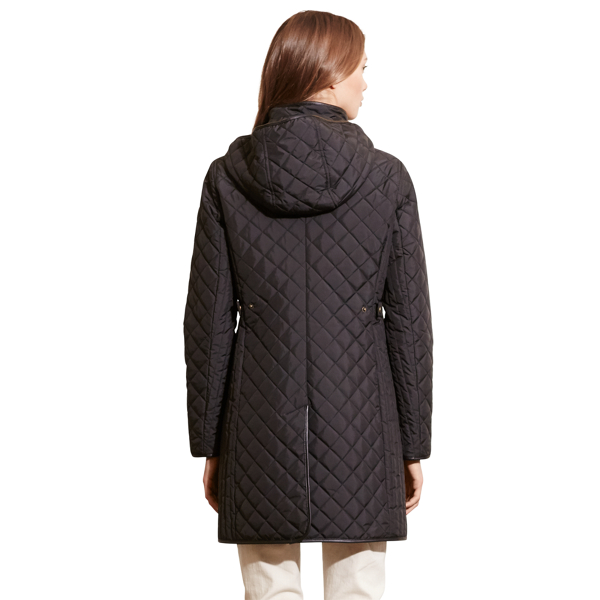 Black Faux-Leather-Trim Quilted Coat Lauren 3