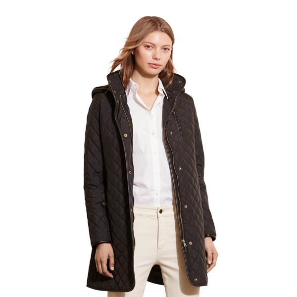 Black Faux-Leather-Trim Quilted Coat Lauren 9