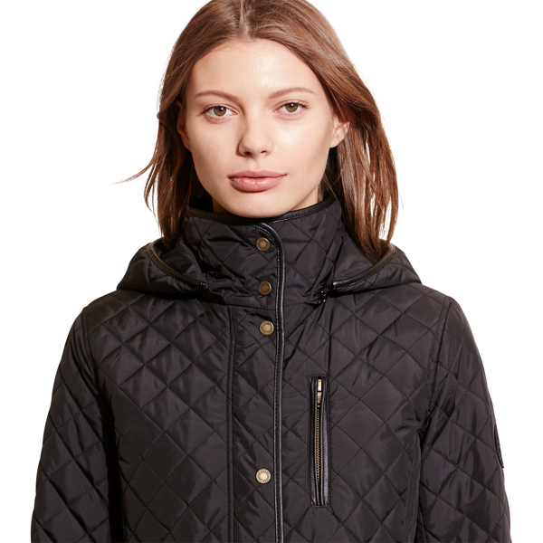 Black Faux-Leather-Trim Quilted Coat Lauren 4