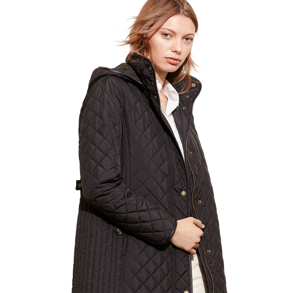 Black Faux-Leather-Trim Quilted Coat Lauren 5