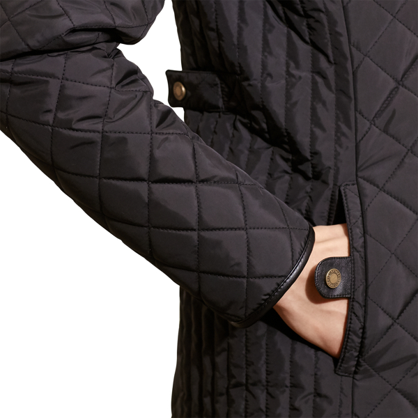 Black Faux-Leather-Trim Quilted Coat Lauren 7