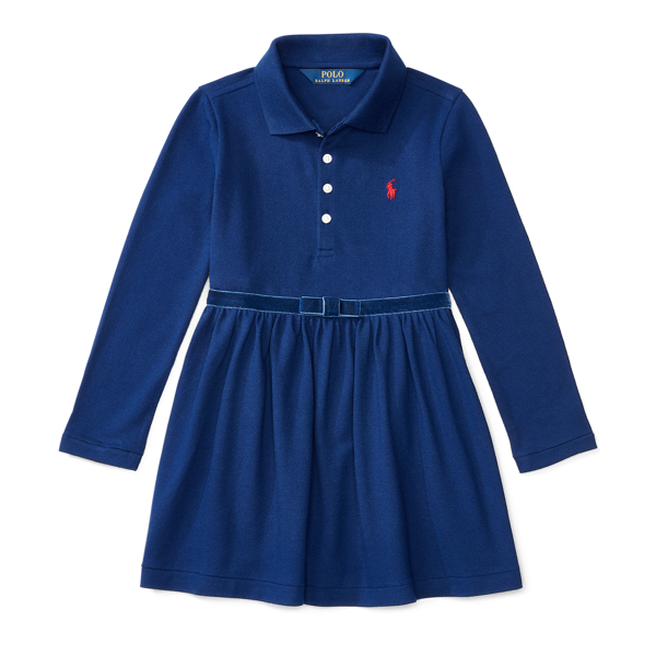 Holiday Navy Velvet Bow Stretch Polo Dress Girls 2-6x 1