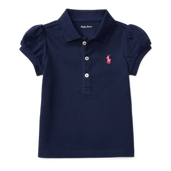 French Navy Puff-Sleeve Cotton Mesh Polo Baby Girl 1