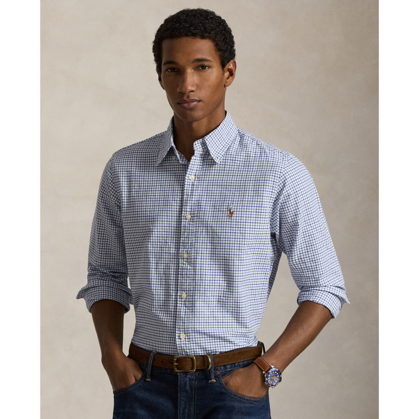 Мужская рубашка Ralph Lauren Classic Fit Tattersall Oxford, цвет: Синий / Белый разноцветный — фото 4