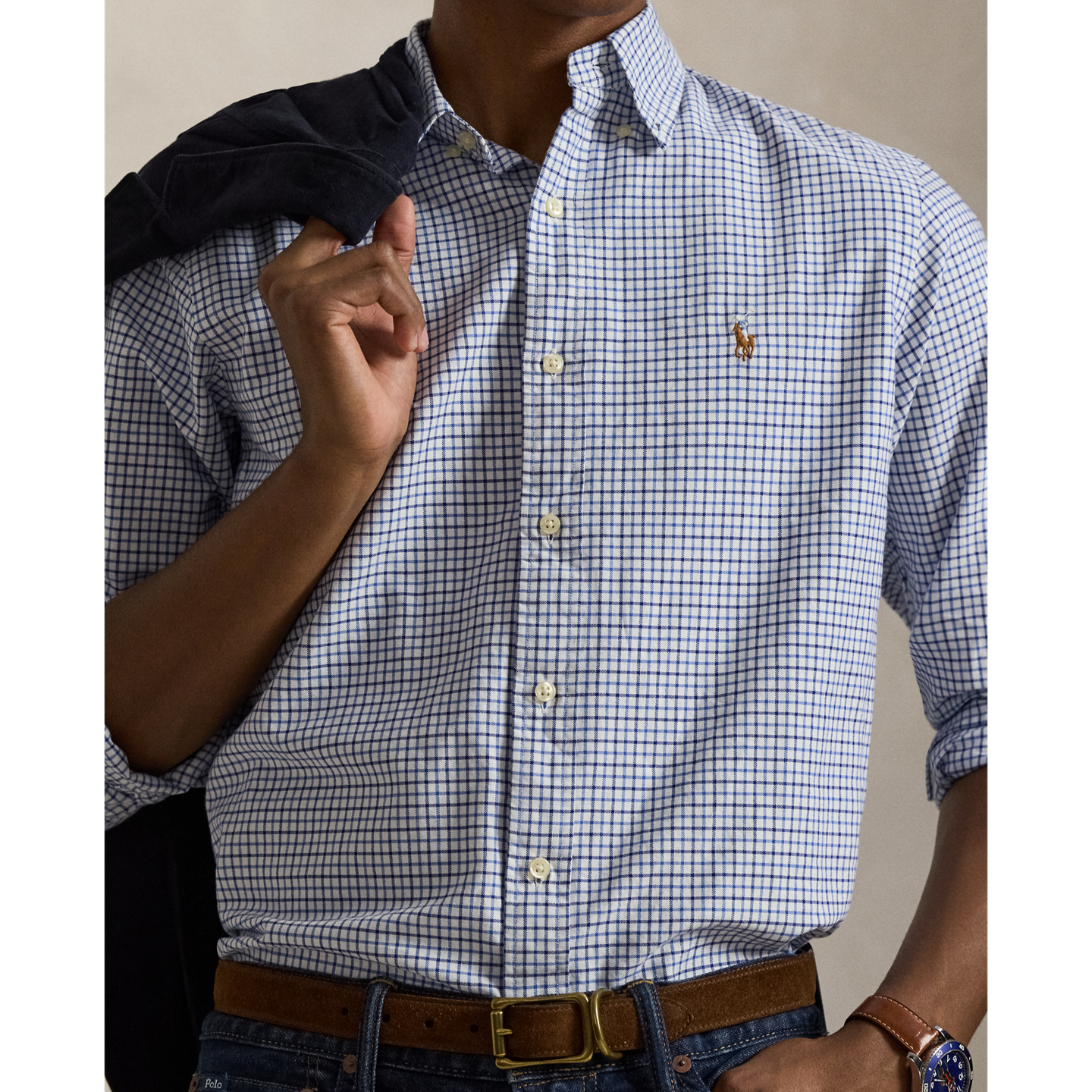 Мужская рубашка Ralph Lauren Classic Fit Tattersall Oxford, цвет: Синий / Белый разноцветный — фото 3