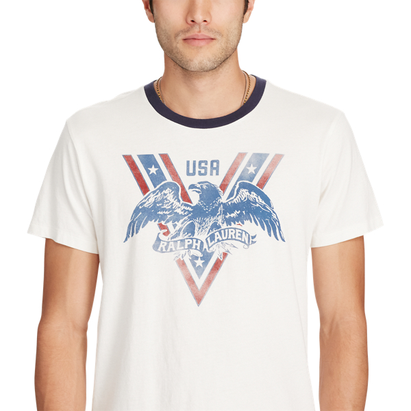 Antique Cream/Blue Cotton Graphic Ringer Tee Polo Denim & Supply 3