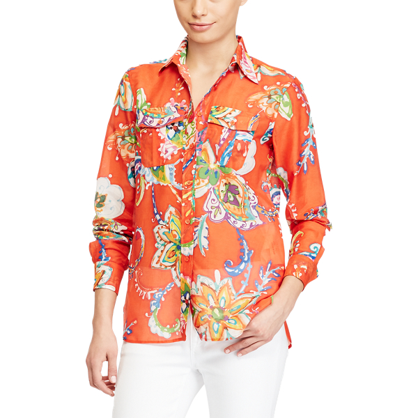 Orange Multi Cotton-Silk Voile Shirt Lauren 3