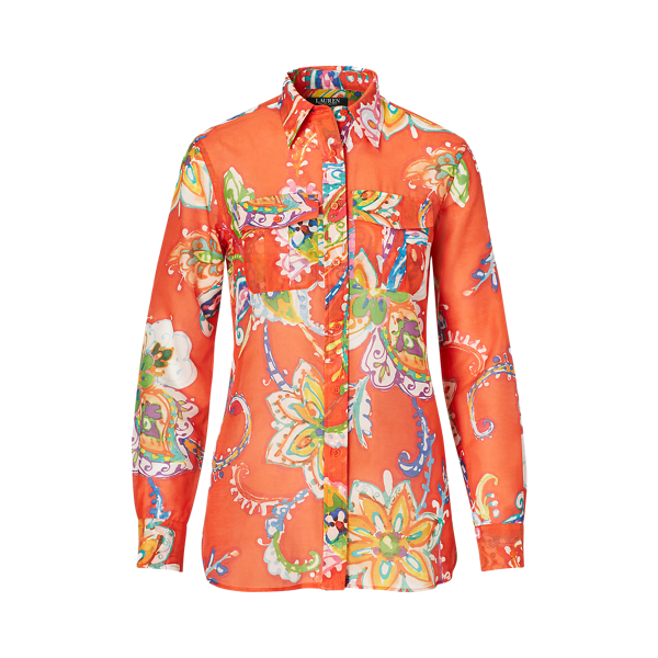 Orange Multi Cotton-Silk Voile Shirt Lauren 1