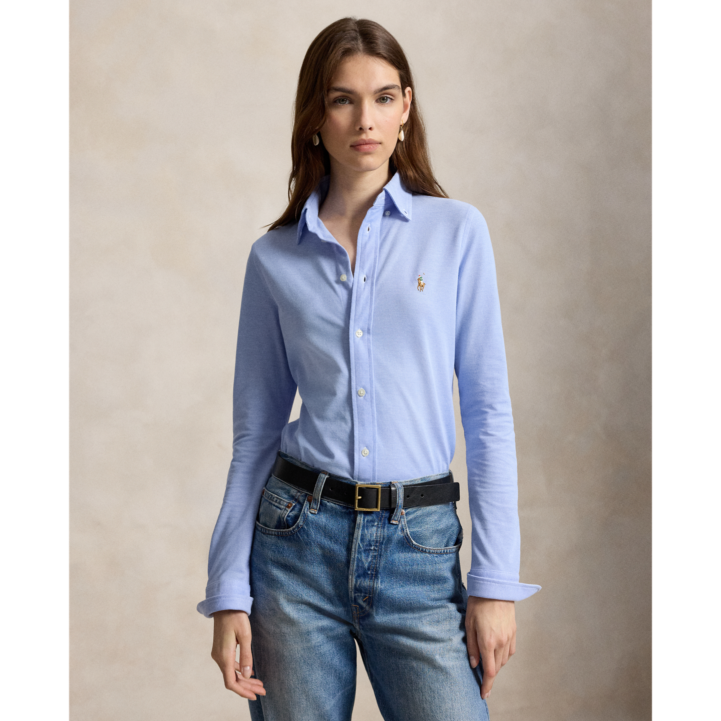 Женская рубашка Ralph Lauren Slim Fit Knit Cotton Oxford, цвет: Синий — фото 5