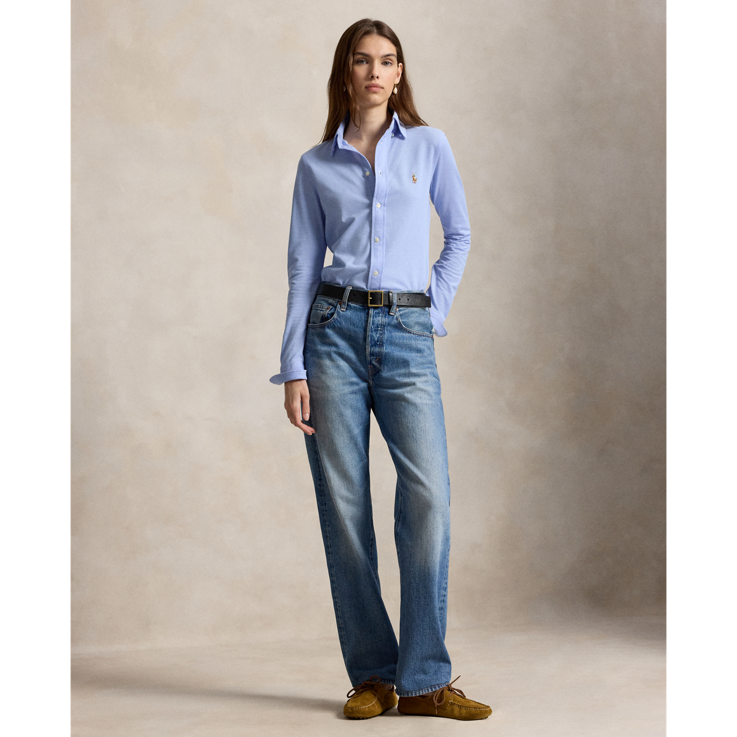 Женская рубашка Ralph Lauren Slim Fit Knit Cotton Oxford, цвет: Синий — фото 1