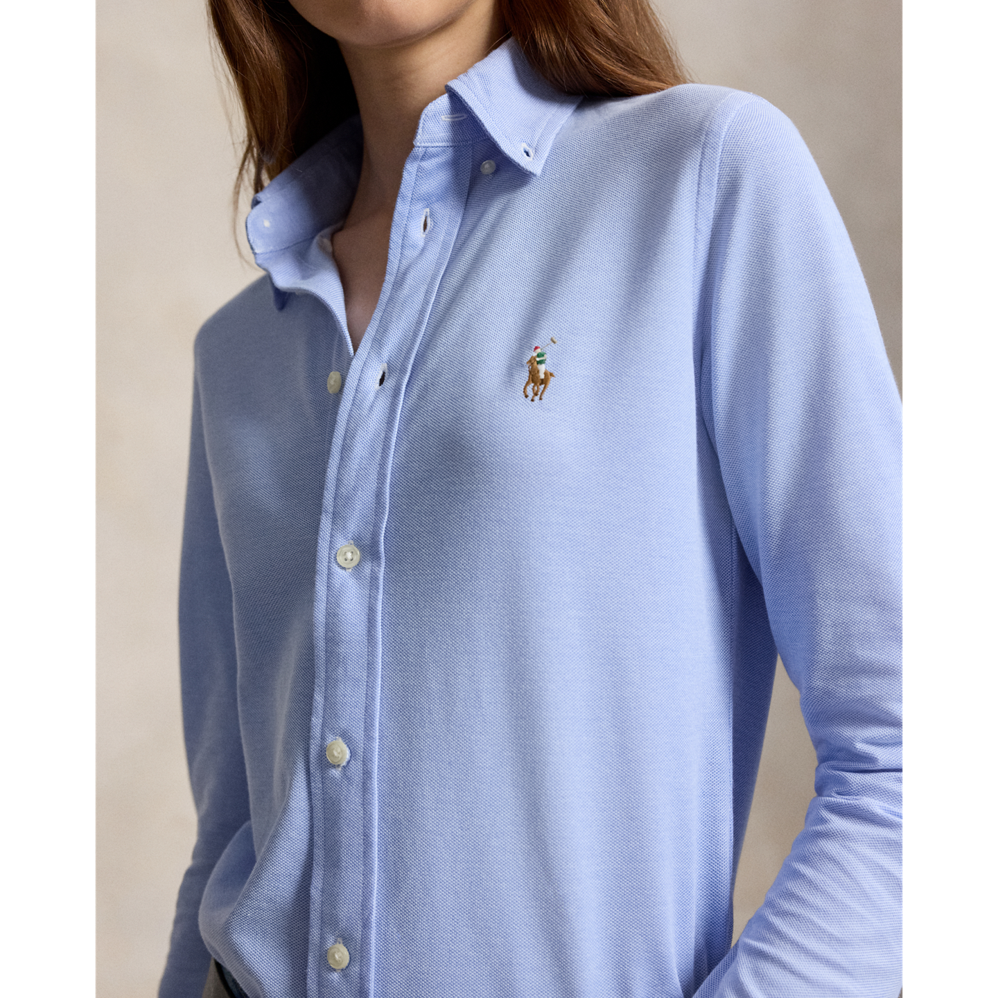 Женская рубашка Ralph Lauren Slim Fit Knit Cotton Oxford, цвет: Синий — фото 3