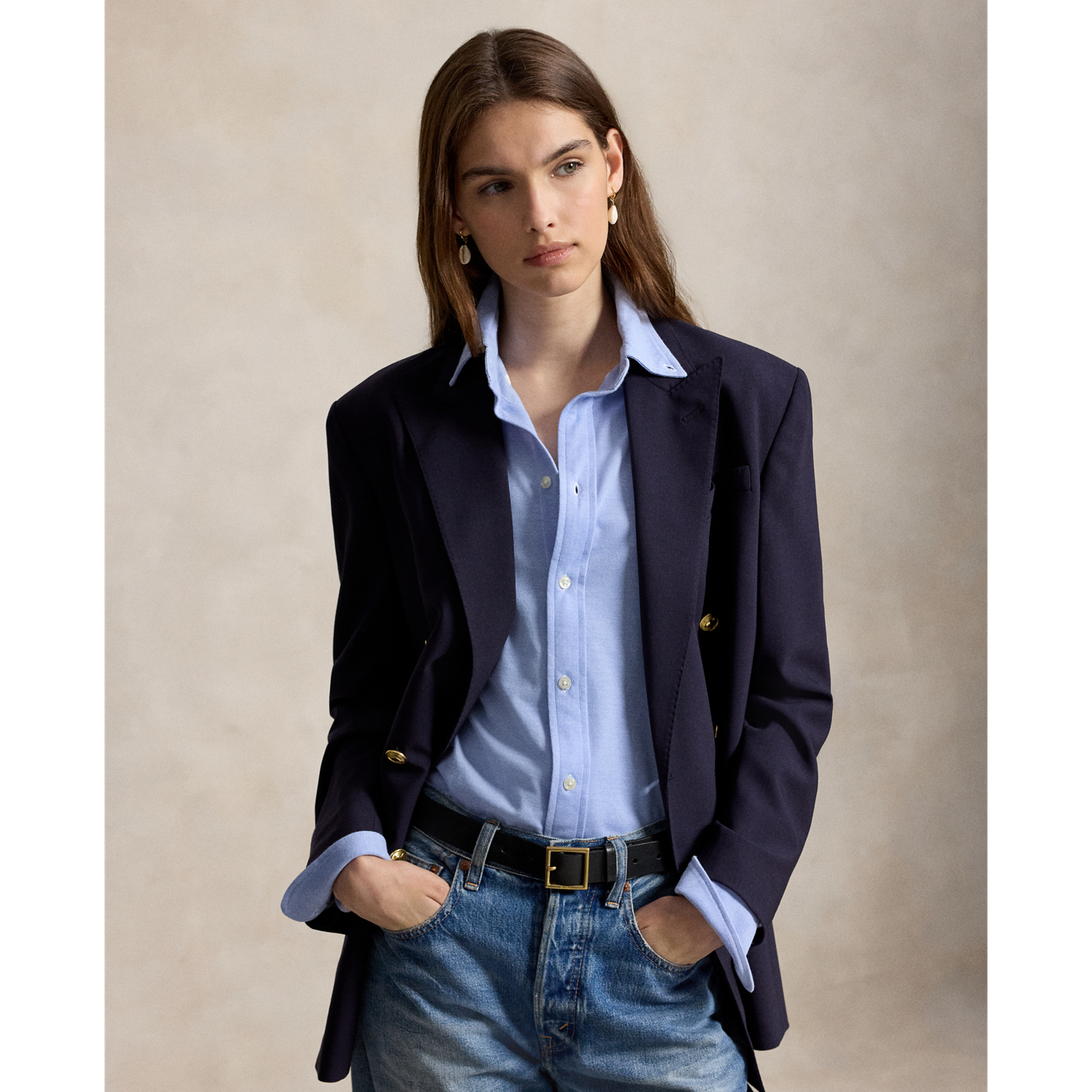 Женская рубашка Ralph Lauren Slim Fit Knit Cotton Oxford, цвет: Синий — фото 4