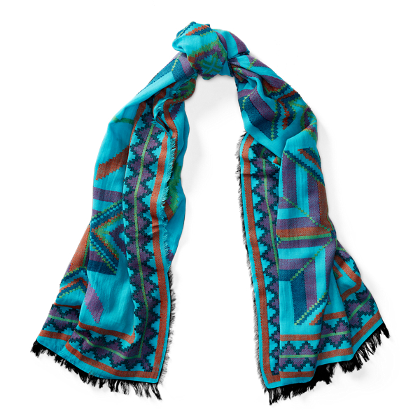 Vacation Blue Multi Southwestern Wool-Cotton Scarf Polo Ralph Lauren 1