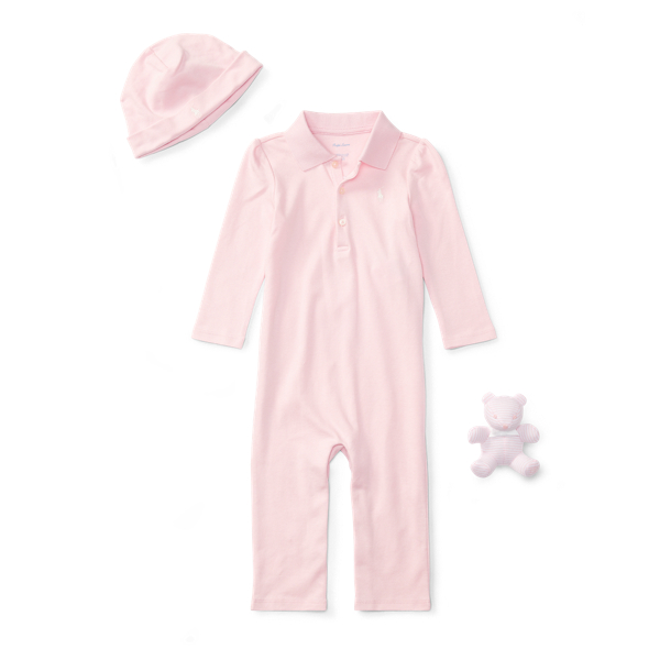 Polo Coverall, Hat & Bear Set Baby Girl in Hint Of Pink 2
