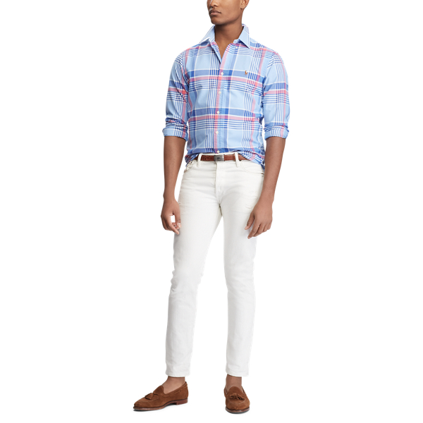 Sky Blue/Coral Multi Slim Fit Plaid Oxford Shirt Polo Ralph Lauren 3