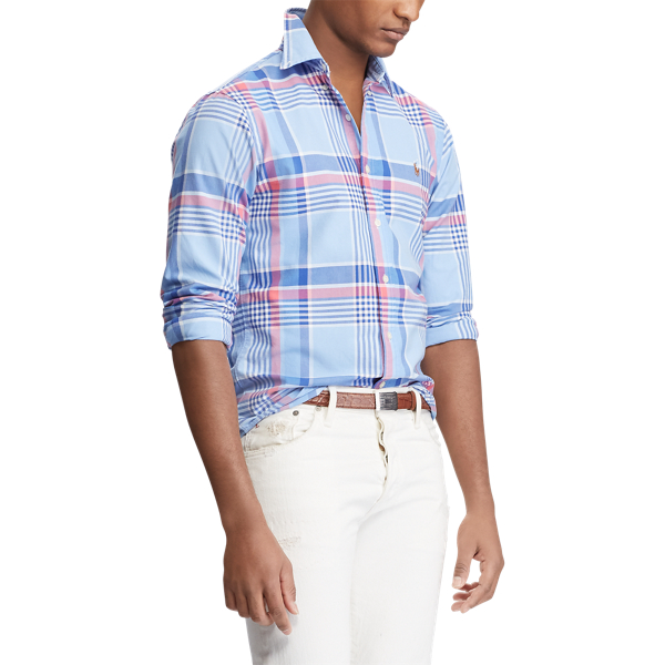 Sky Blue/Coral Multi Slim Fit Plaid Oxford Shirt Polo Ralph Lauren 4