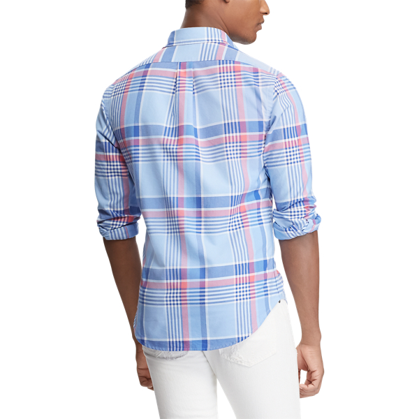 Sky Blue/Coral Multi Slim Fit Plaid Oxford Shirt Polo Ralph Lauren 5