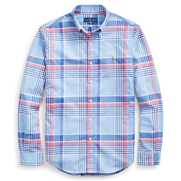 Sky Blue/Coral Multi Slim Fit Plaid Oxford Shirt Polo Ralph Lauren 2