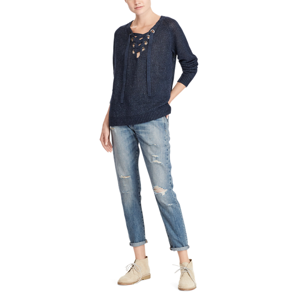 Navy Lace-Up Linen Sweater Polo Ralph Lauren 4