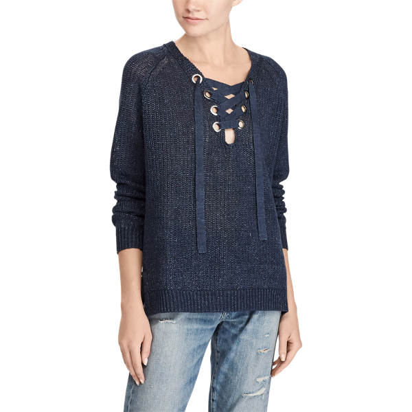 Navy Lace-Up Linen Sweater Polo Ralph Lauren 5