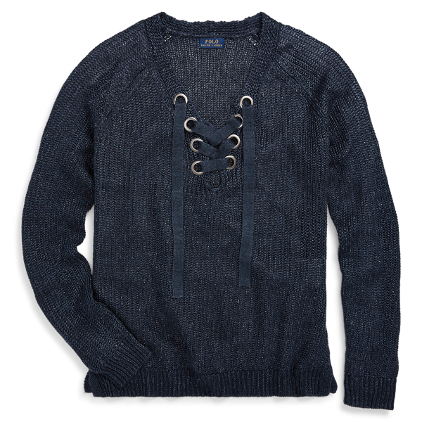 Navy Lace-Up Linen Sweater Polo Ralph Lauren 2