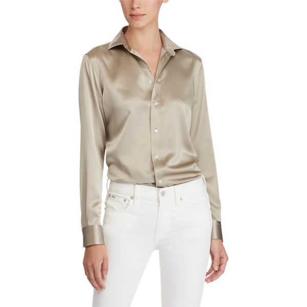 Camicia in charmeuse di seta Polo Ralph Lauren in Grigio deserto 4