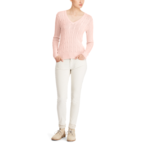 Cable Cotton V-Neck Sweater Polo Ralph Lauren em Pale Pink 2