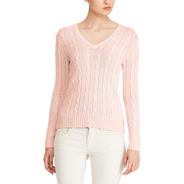 Cable Cotton V-Neck Sweater Polo Ralph Lauren em Pale Pink 3