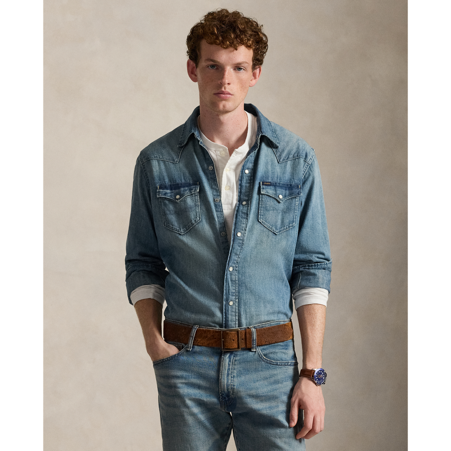 Мужская джинсовая рубашка Ralph Lauren в стиле вестерн из денима с неровной нитью, цвет: Rl Western — фото 4
