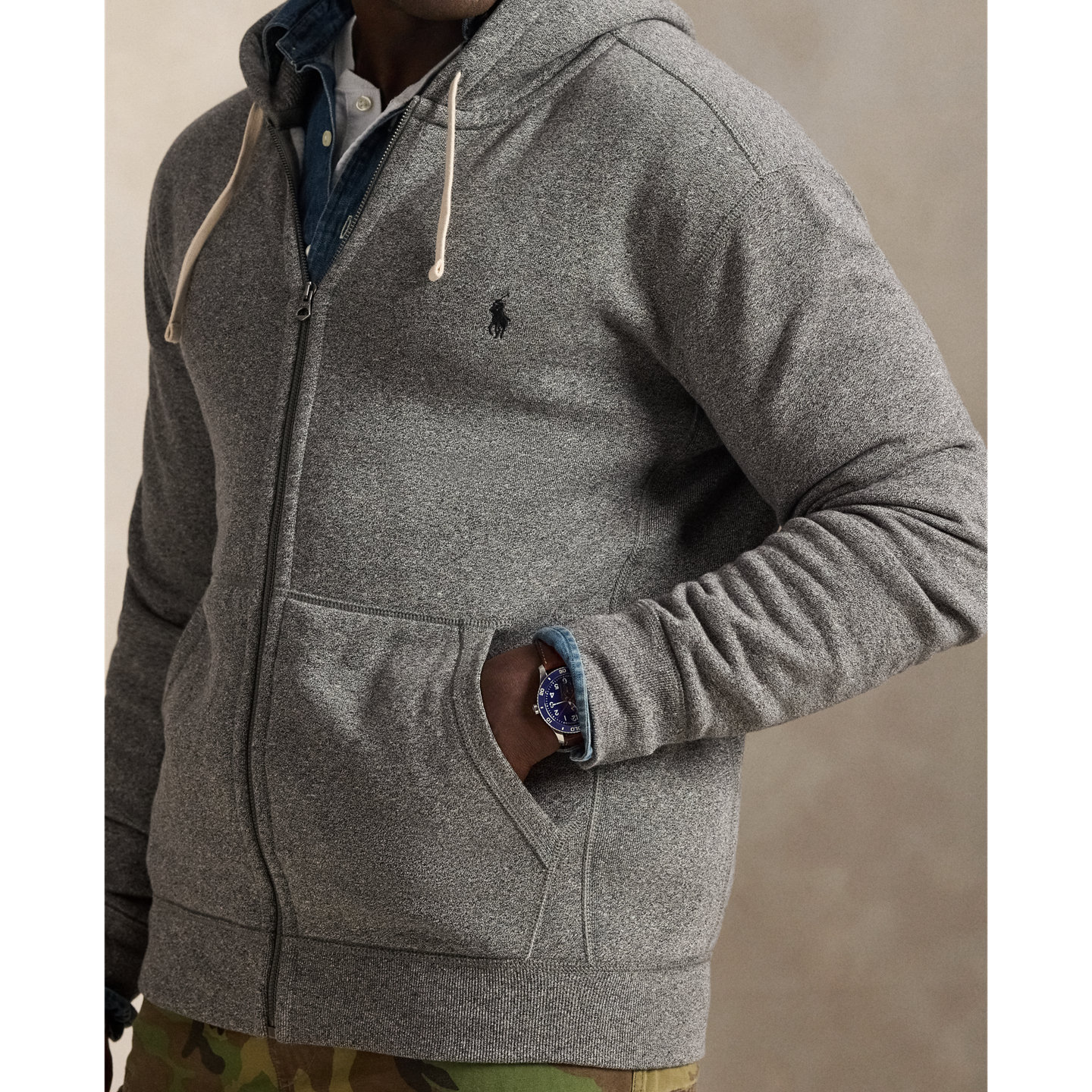 Мужское худи Ralph Lauren Fleece Full-Zip, цвет: Пепельный серый меланжевый — фото 3